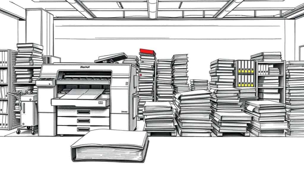A well-equipped copyshop interior, with a focus on the printing and binding of final thesis documents. In the foreground, a large printer and a book binding machine take center stage, their mechanical details rendered in precise black and white pencil strokes. The middle ground showcases stacks of paper, binders, and other supplies, punctuated by subtle pops of color. The background features a minimalist, industrial-style setting, with clean lines and a sense of order. The overall mood is one of professionalism and diligence, capturing the essence of the comprehensive services offered by the copyshop.