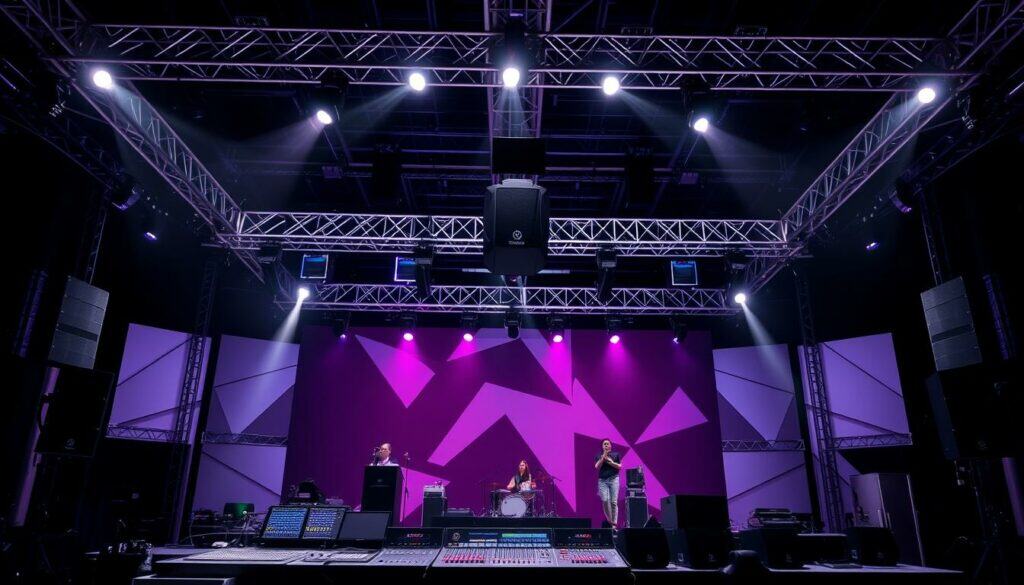 A well-equipped event production stage, with a sleek black-and-white color scheme and strategic splashes of color. Illuminated spotlights cast dramatic shadows, highlighting the intricate audio-visual setup. Suspended truss systems support a network of speakers, microphones, and lighting fixtures, arranged with precision. In the foreground, various control panels and mixing consoles offer precise control over the technical elements. The background features a backdrop of abstract geometric patterns, adding a touch of minimalist elegance. The overall atmosphere conveys a sense of professionalism, high-quality technical expertise, and the perfect fusion of form and function.