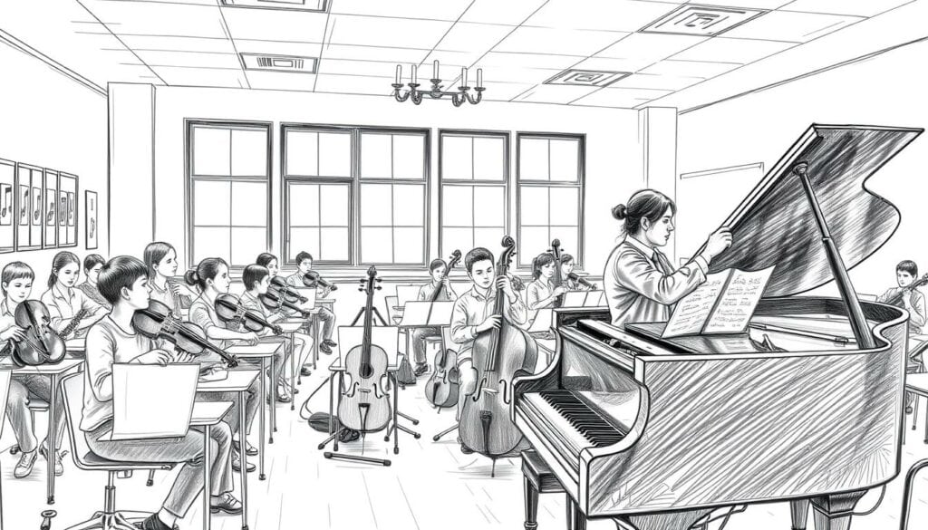 A well-lit music classroom with rows of students seated at individual desks, each focused on their instrument. The foreground features a music teacher demonstrating a technique on a grand piano, their hands gracefully moving across the keys. The middle ground showcases a variety of instruments - violins, cellos, saxophones, and guitars - scattered throughout the space. The background depicts large windows letting in natural light, creating a warm and inviting atmosphere. The scene is rendered in a black and white pencil sketch style, with selective pops of color highlighting the instruments and the teacher's attire.