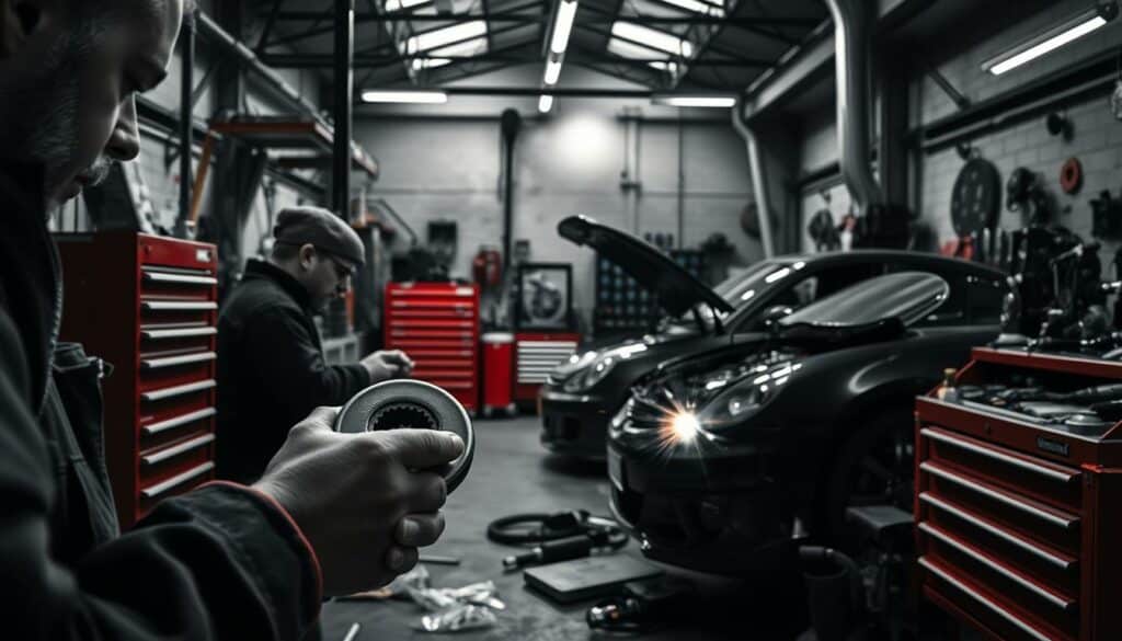 A workshop filled with passion and expertise, where skilled technicians meticulously tune and personalize automobiles. The scene is captured in a moody, high-contrast black and white palette, with selective pops of color drawing the eye to the intricate details - the gleaming chrome of a wrench, the vibrant red of a tool chest, the warm glow of a welding torch. The foreground showcases the focused hands of the technicians at work, while the middle ground reveals the array of specialized equipment and machinery. In the background, the workshop's industrial architecture looms, creating a sense of purpose and dedication. The overall atmosphere conveys a sense of craftsmanship, attention to detail, and the pride that comes from perfecting one's trade.