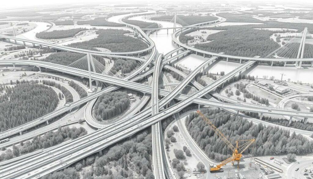 An aerial view of a sprawling network of roads, railways, and bridges intertwining across a diverse landscape. Towering suspension bridges span wide rivers, while high-speed rail lines slice through rolling hills and dense forests. In the foreground, construction crews are hard at work, cranes and excavators transforming the environment. The scene is rendered in a muted palette of graphite and charcoal, with pops of vibrant color accentuating key infrastructure elements like traffic signals and signage. The overall atmosphere conveys a sense of progress, modernization, and the immense scale of the "Verkehrsprojekte Deutsche Einheit" initiative, a giant economic stimulus program aimed at unifying the East and West through improved transportation and logistics. An aerial view of a sprawling network of roads, railways, and bridges intertwining across a diverse landscape. Towering suspension bridges span wide rivers, while high-speed rail lines slice through rolling hills and dense forests. In the foreground, construction crews are hard at work, cranes and excavators transforming the environment. The scene is rendered in a muted palette of graphite and charcoal, with pops of vibrant color accentuating key infrastructure elements like traffic signals and signage. The overall atmosphere conveys a sense of progress, modernization, and the immense scale of the "Verkehrsprojekte Deutsche Einheit" initiative, a giant economic stimulus program aimed at unifying the East and West through improved transportation and logistics.