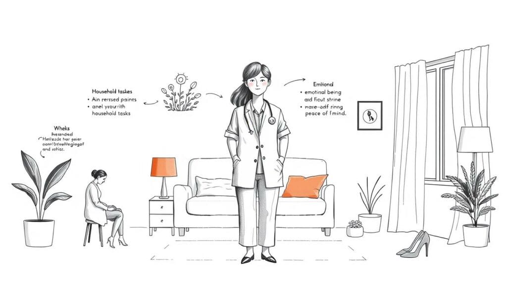 An elegantly rendered illustration showcasing the key benefits of Pflegia's home care services. Depicted in a crisp, monochromatic palette with strategic pops of color, the scene features a central figure representing a caregiver, surrounded by a series of detailed vignettes highlighting the advantages of their support - from daily assistance with household tasks to emotional well-being and peace of mind. The overall composition conveys a sense of professionalism, care, and the positive impact Pflegia's services can have on clients' lives. Subtle use of perspective and a focus on illustrative details create a visually engaging and informative artwork.