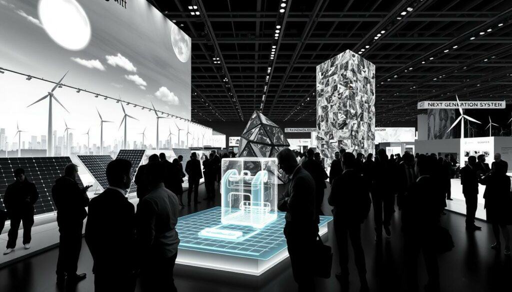 An energy trade fair in Munich, Germany, showcasing cutting-edge technology trends. A vast exhibition hall filled with sleek, futuristic displays of renewable energy solutions, from solar panels to wind turbines, all rendered in a crisp, high-contrast black and white palette with subtle pops of color. In the foreground, a group of attendees examine a holographic projection of a next-generation battery system, their faces illuminated by the ethereal glow. The middle ground features a towering, angular sculpture made of recycled materials, a testament to the industry's commitment to sustainability. In the background, silhouettes of engineers and innovators converse animatedly, the energy and excitement of the event palpable. The overall atmosphere is one of innovation, progress, and a glimpse into the transformative power of technology in the energy sector.