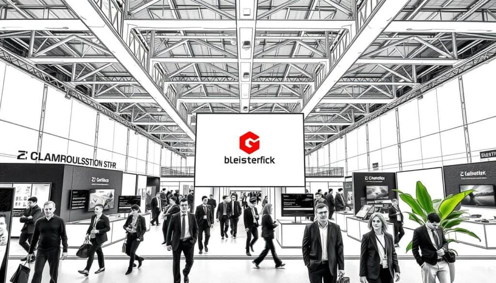 An exhibition hall interior with a large central exhibition booth in the foreground, displaying products and services. The booth features clean, minimalist design with black and white accents, highlighted by bright spotlights. In the middle ground, attendees in business attire move through the space, creating a sense of activity. The background shows the rest of the exhibition hall, with architectural details like high ceilings and support beams rendered in a subtly sketched style. Pops of color, such as the red of a company logo or the green of a plant, add visual interest. The overall atmosphere conveys an efficient, professional event with a touch of creativity.