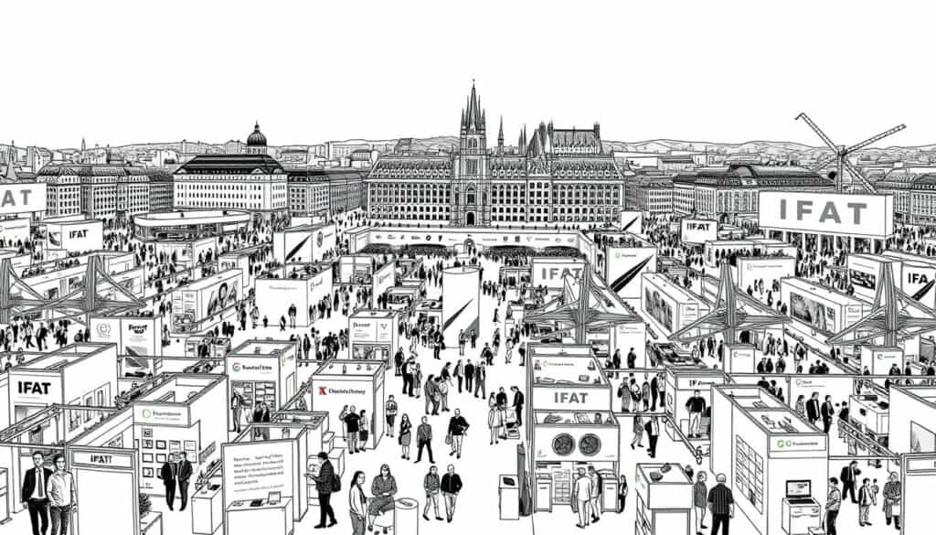 An intricate black and white illustration of the IFAT Munich exhibition, capturing the bustling energy and diverse program offerings. In the foreground, an array of exhibitor booths and demonstrations come to life, each with subtle pops of color to draw the eye. The middle ground showcases a panoramic view of the exhibition halls, filled with attendees engaged in lively discussions and exploring the latest environmental technologies. In the background, the iconic Munich cityscape provides a striking architectural backdrop, hinting at the global reach of this renowned trade fair. The scene is rendered in a precise, technical style, with a focus on clean lines, dynamic compositions, and a sense of meticulous attention to detail.
