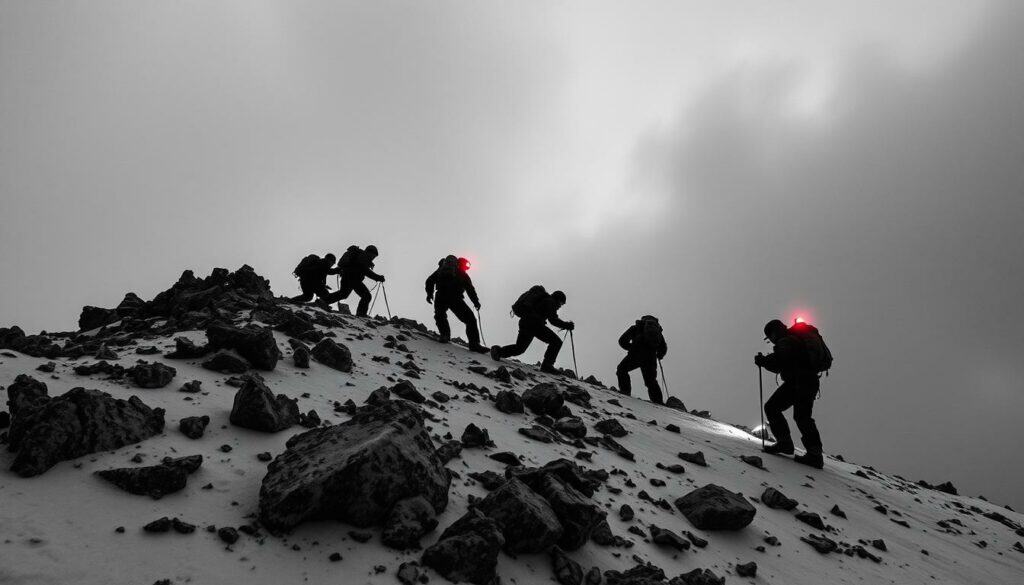 Desperate mountaineers engaged in perilous rescue efforts on the treacherous slopes of the Laila Peak, their silhouettes etched against the monochromatic backdrop. Jagged rocks and treacherous terrain impede their progress, as the faint glow of emergency lights punctuates the somber scene. Muted tones of gray and black convey the gravity of the situation, with subtle splashes of color highlighting the urgency of the moment. The image captures the sense of exhaustion and determination as the team battles against the unforgiving mountain, their struggle to recover the lost climber a testament to the dangers of high-altitude exploration.