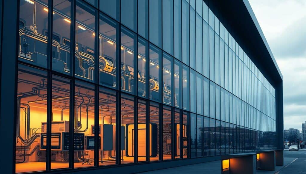 Detailed architectural rendering of an intelligent building automation system in Frankfurt, Germany. Sleek, minimalist facade with clean lines and large glass panels. Intricate network of sensors, wiring, and control panels visible in the foreground, hinting at the building's advanced technology. Warm lighting illuminates the interior, casting a soft glow on the exterior. The scene is captured in a moody, black and white palette with strategic pops of color highlighting key features and components. Conveys a sense of innovation, efficiency, and the future of sustainable building design.