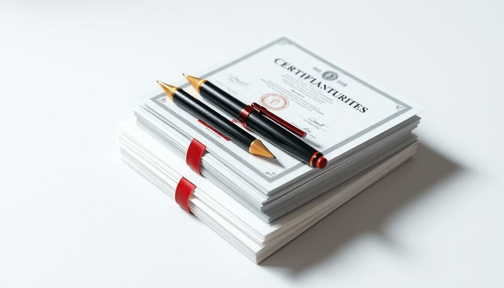 Detailed certification documents in a clean, minimalist design. A stack of diplomas, certificates, and seals arranged neatly on a plain background. Soft, directional lighting casts subtle shadows, emphasizing the textures of the paper. The documents convey a sense of professionalism and expertise, with carefully chosen pops of color to highlight key information. The overall composition is balanced and visually appealing, drawing the viewer's attention to the qualifications and certifications at the heart of the image.