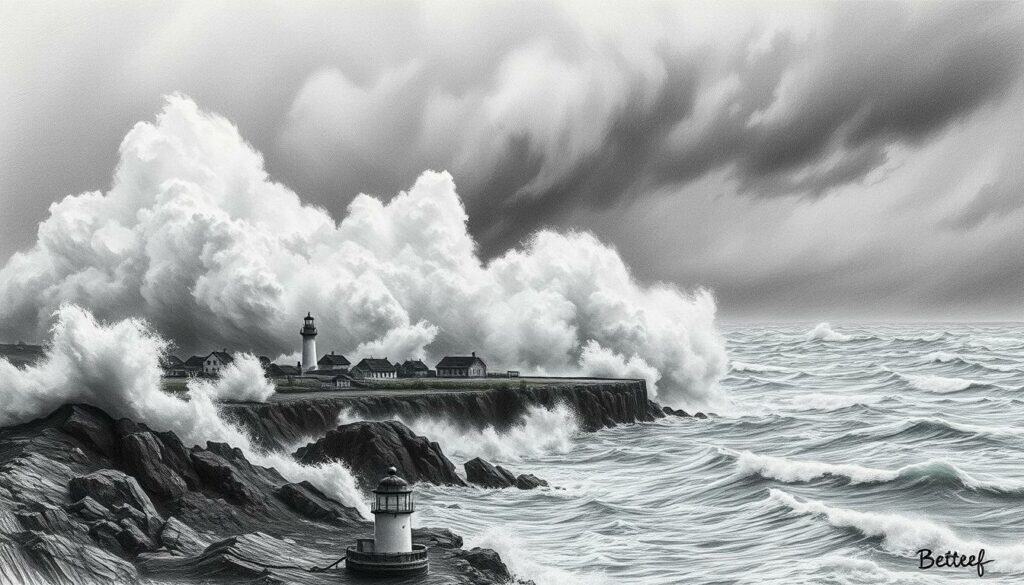 Dramatic storm surges crash against the rugged Frisian coastline, churning up the North Sea. Towering waves, whipped by fierce winds, envelope seaside villages, while ominous clouds loom overhead. In the foreground, a lone lighthouse stands resolute, its beam cutting through the gloom. Muted tones of black, white, and gray are punctuated by bold strokes of color - the orange glow of the lighthouse beacon, the blue-green hues of the turbulent waters. This visceral scene captures the raw power and regional impact of the tempestuous Detlef storm system, as it sweeps from the northern coasts to the Alpine peaks.