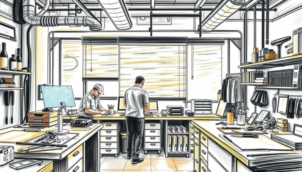 Elegant rollerblind service, showcasing its benefits in a charcoal sketch with color highlights. A sleek, modern workspace with well-organized tools and efficient technicians, conveying professionalism and attention to detail. Warm lighting illuminates the scene, creating a calming atmosphere. Subtle splashes of color accentuate key elements, drawing the viewer's eye to the core services offered. An inviting, problem-solving environment that instills confidence in the rollerblind repair process.