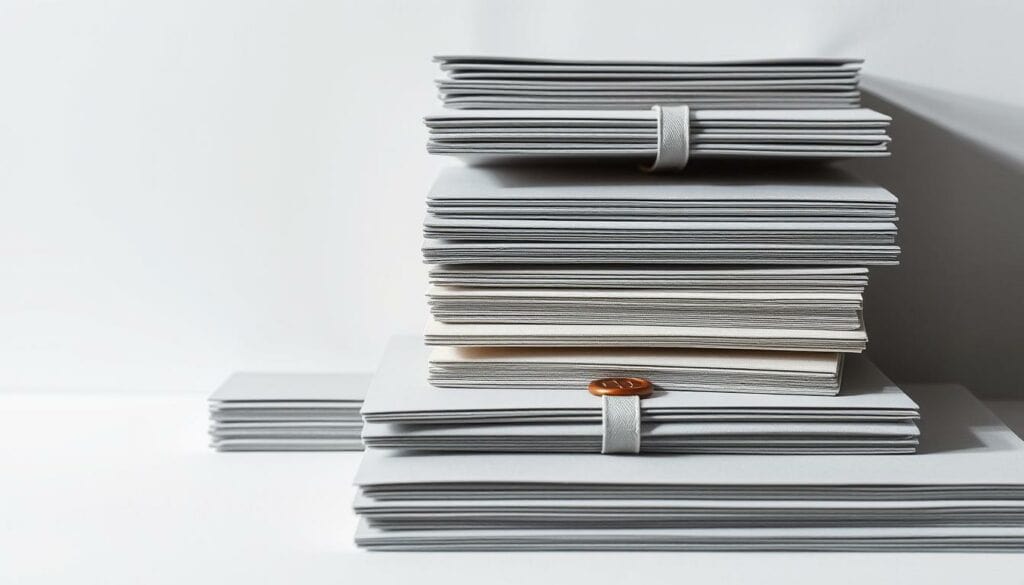 Elegant stacks of premium paper stock in varying shades of grey, meticulously arranged against a minimalist backdrop. Soft shadows cast by the carefully positioned light sources accentuate the smooth, tactile surfaces. Subtle pops of color, perhaps a single ribbon or wax seal, add a refined, luxurious touch. The scene conveys a sense of sophistication and attention to detail, perfectly suited to showcase high-quality materials for bespoke invitation cards.