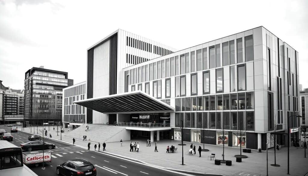 Handwerk Design Messehallen, a visually striking architectural masterpiece, stands tall against a backdrop of a bustling cityscape. The building's sleek, modern lines and strategically placed windows create a sense of elegance and sophistication. The scene is rendered in a striking black-and-white palette, with subtle pops of color highlighting key architectural details, such as the entrance canopy or the intricate facade patterns. The lighting is soft and diffused, casting gentle shadows that add depth and dimension to the image. The perspective is slightly elevated, allowing the viewer to take in the full grandeur of the structure and its surrounding environment. This image perfectly captures the essence of the Internationale Handwerksmesse 2026, showcasing the sophisticated and innovative nature of the event.