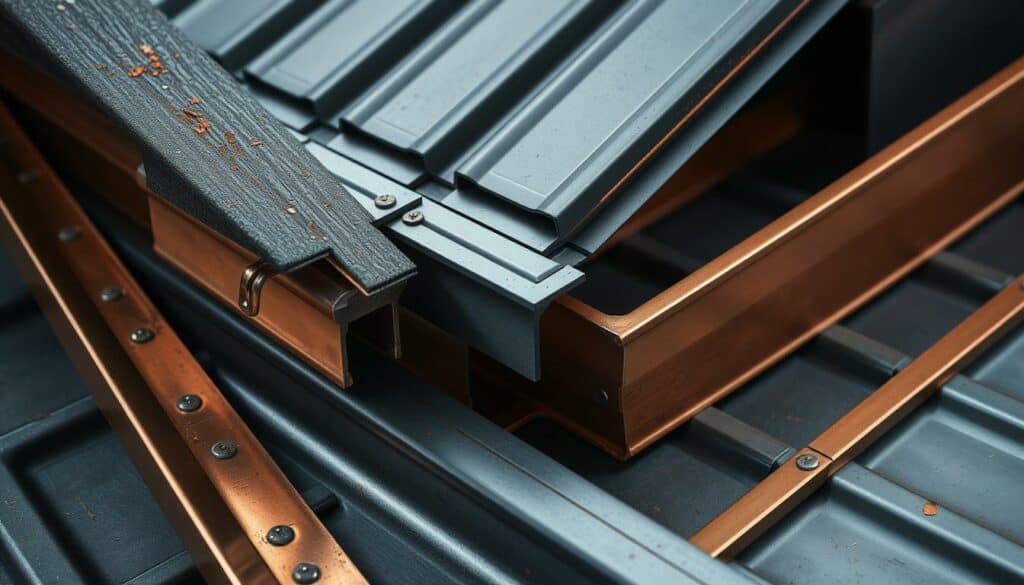 Intricate metal roofing materials, expertly crafted with precision. Gleaming copper gutters, sleek aluminum flashings, and sturdy steel panels in muted grays and blacks. Detailed textures and refined edges, captured in a moody chiaroscuro lighting, highlighting the craftsmanship. Carefully arranged in a visually compelling composition, showcasing the high-quality tools and techniques of the skilled roofer's trade. Pops of color accent the scene, drawing the eye to the essential elements - the essential materials for flawless, long-lasting roofing solutions.