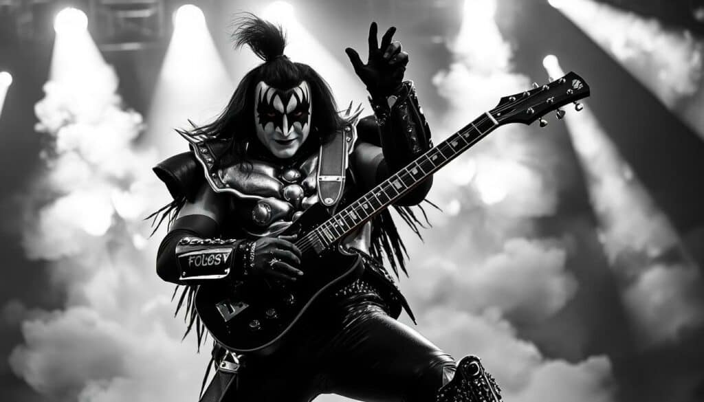Spaceman performing an electrifying stage show, adorned in the iconic Kiss makeup and costume. The guitarist strikes a dramatic pose, electric guitar in hand, surrounded by a swirling haze of spotlights and smoke. Detailed textures of the costume and instrument rendered in a striking black and white palette, with pops of color in the guitar's hardware and the performer's eyes. Dramatic angles and a sense of movement capture the energy and intensity of the live performance. The image conveys the enduring legacy and musical significance of the legendary Ace Frehley of Kiss.